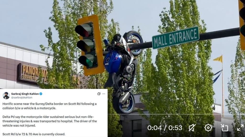 A Suzuki Superbike Collided With A BMW And Ended Up Dangling From A Traffic Light