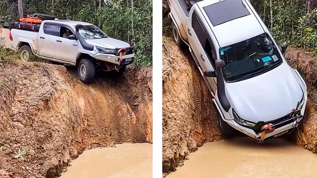 Watch A Loaded Toyota Hilux Drag A Camper Trailer Down A Near-Vertical Mud Wall