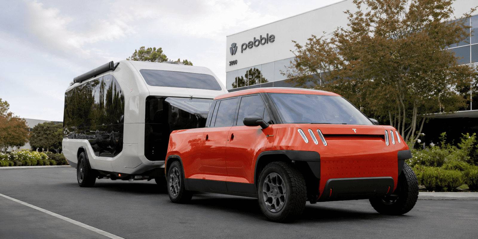 Pebble Flow electric RV towed by TELO’s MINI-sized electric truck